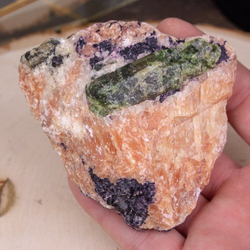 Small Orange Calcite, Green Apatite, & Purple Fluorite