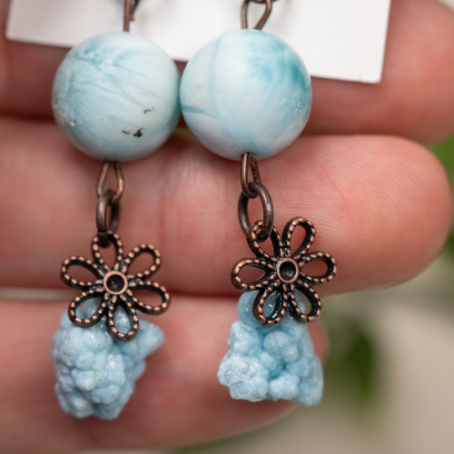 Raw Gibbsite & Polished Larimar Copper Dangle Earrings