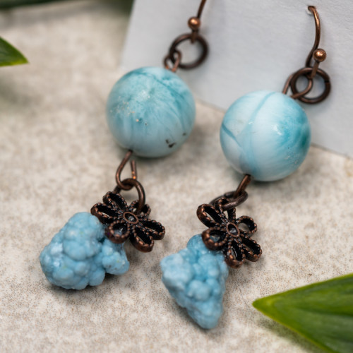 Raw Gibbsite & Polished Larimar Copper Dangle Earrings