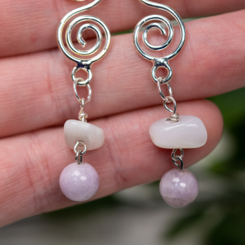 Polished Kunzite & Pink Opal Silver Dangle Earrings