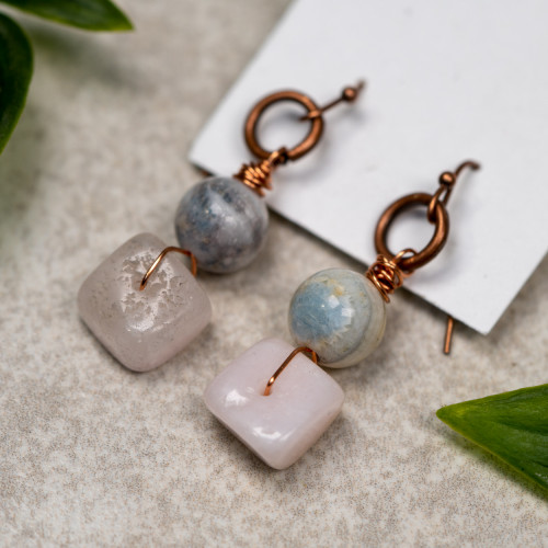 Polished Pink Opal & Blue Scheelite Copper Dangle Earrings