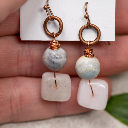 Polished Pink Opal & Blue Scheelite Copper Dangle Earrings