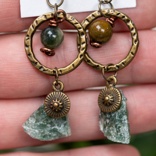 Raw Green Tanzurine w Polychrome Japser Copper Dangle Earrings