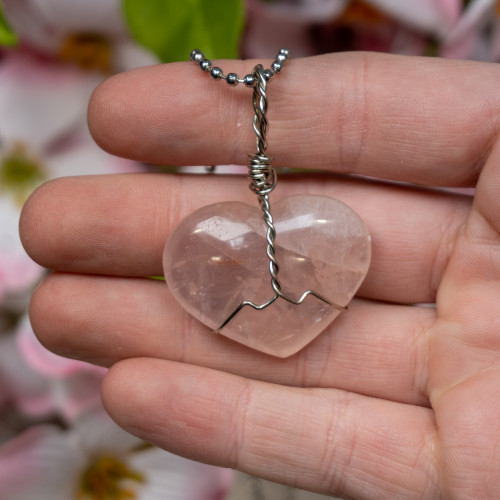 Rose Quartz Polished Heart Silver Necklace