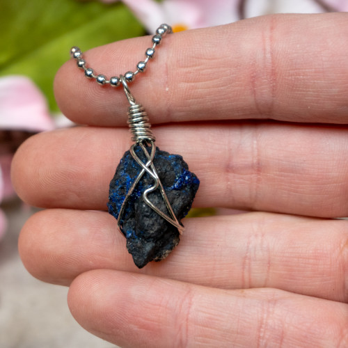 Raw Azurite Blueberry Silver Necklace #3