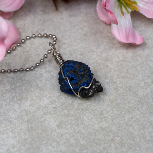 Raw Azurite Blueberry Silver Necklace #3