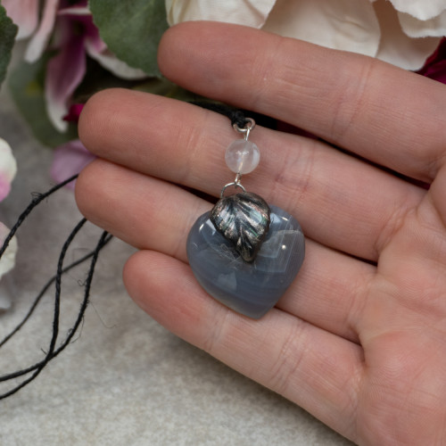 Banded Agate Polished Heart with Leaf Necklace