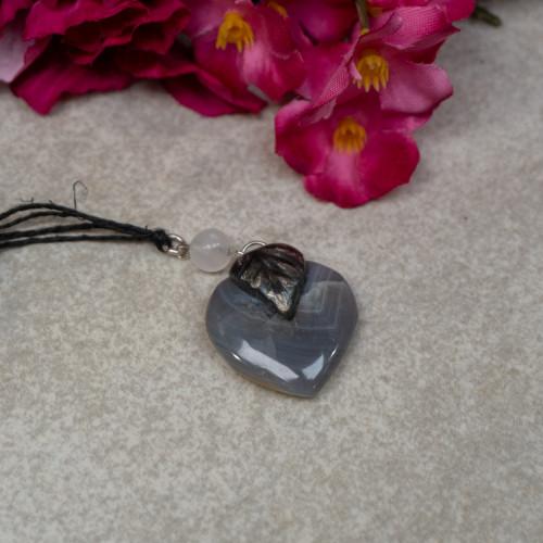 Banded Agate Polished Heart with Leaf Necklace