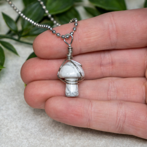 Howlite Polished Mushroom Silver Necklace