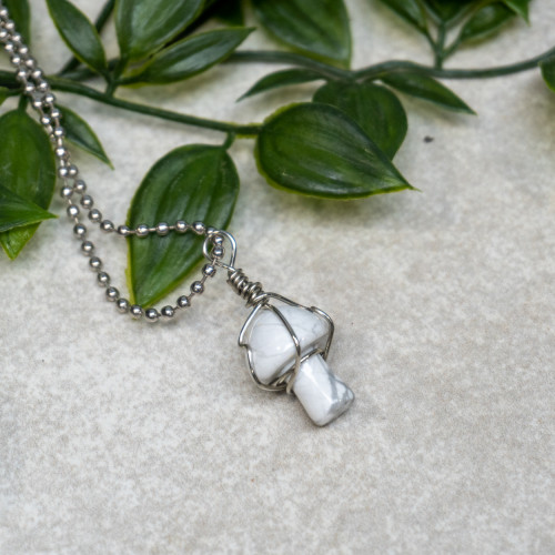 Howlite Polished Mushroom Silver Necklace