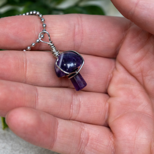 Chevron Amethyst Polished Mushroom Silver Necklace