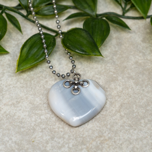 Banded Agate Polished Heart SIlver Necklace