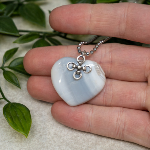 Banded Agate Polished Heart SIlver Necklace