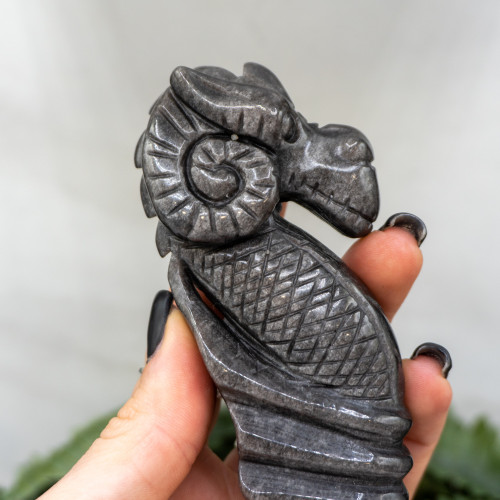 Silver Sheen Obsidian Dragon Idol