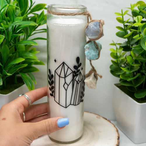 Meditation Candle with Blue Chalcedony, Amazonite, and Zebra Calcite