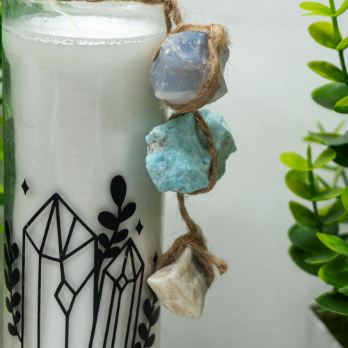 Meditation Candle with Blue Chalcedony, Amazonite, and Zebra Calcite