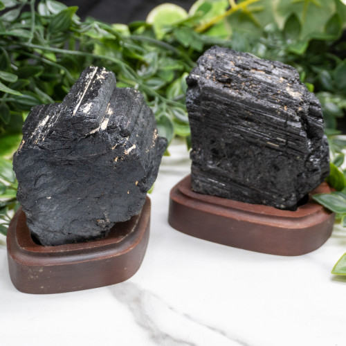 Large Raw Black Tourmaline on Wooden Base Random