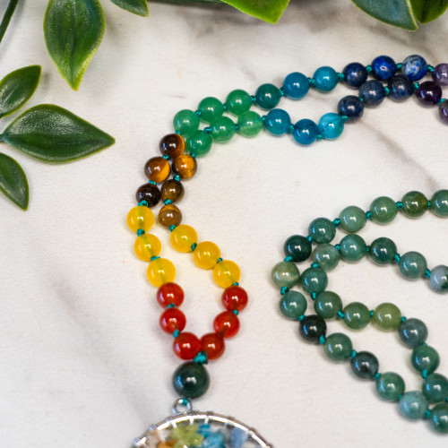Moss Agate Tree of Life Mala Necklace