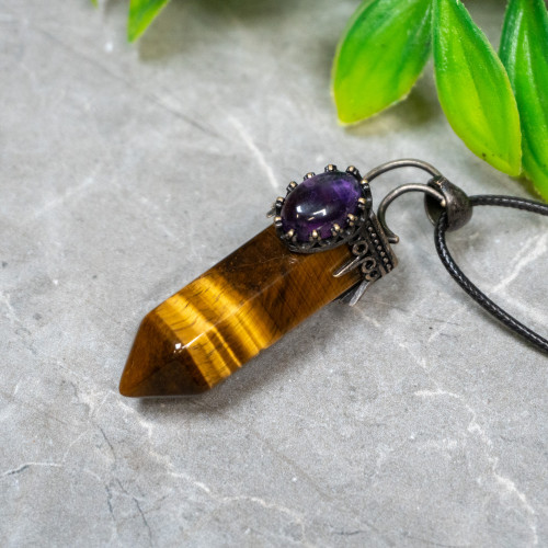 Tiger Eye and Amethyst Crescent Moon Point Necklace