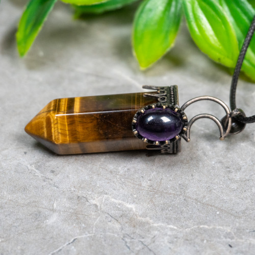 Tiger Eye and Amethyst Crescent Moon Point Necklace