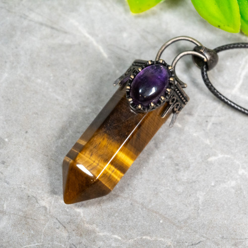 Tiger Eye and Amethyst Crescent Moon Point Necklace