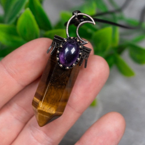 Tiger Eye and Amethyst Crescent Moon Point Necklace