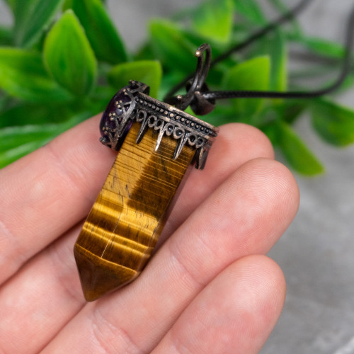 Tiger Eye and Amethyst Crescent Moon Point Necklace