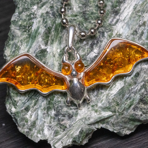 Baltic Amber Winged Bat Large Silver Pendant #1