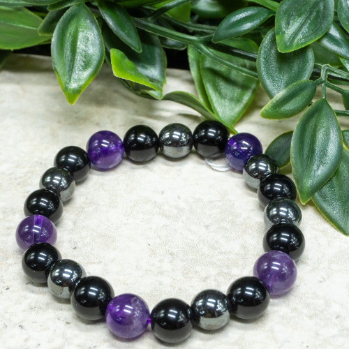 Amethyst, Black Tourmaline, Hematite Bracelet 10mm