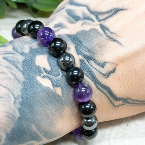 Amethyst, Black Tourmaline, Hematite Bracelet 10mm