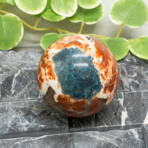 Blue Apatite in Orange Calcite Sphere #2