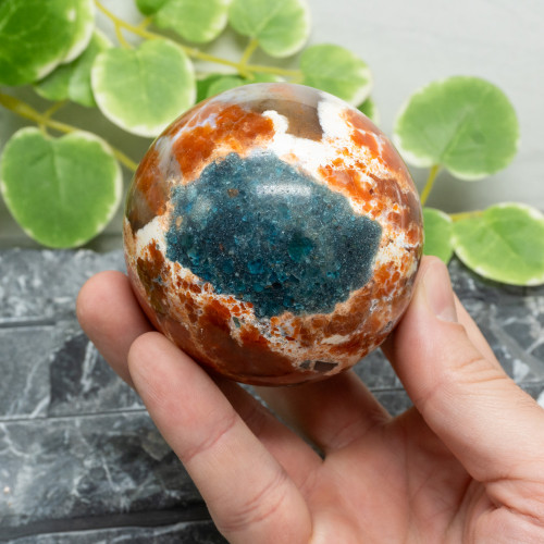 Blue Apatite in Orange Calcite Sphere #2