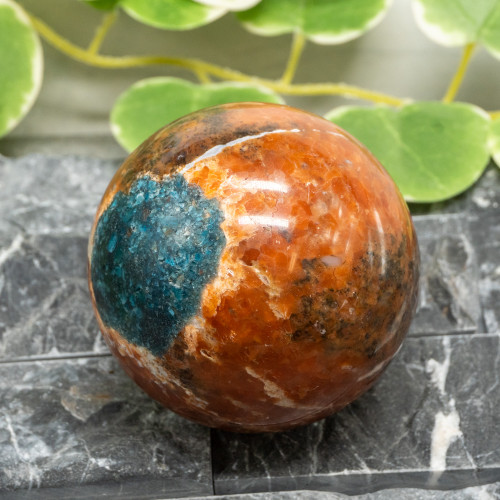 Blue Apatite in Orange Calcite Sphere #1