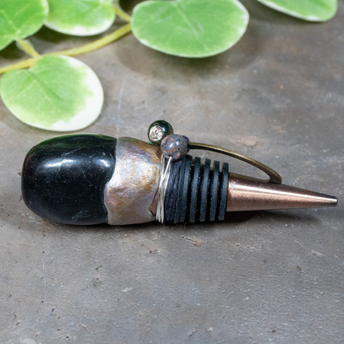 Black Onyx, Rhyollite, Smoky Quartz, Malachite & Howlite Wine Stopper #2