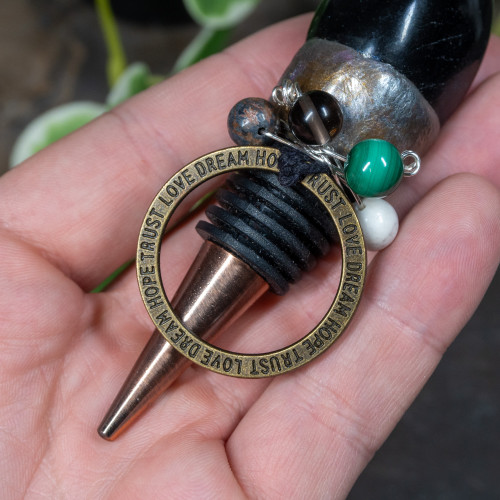 Black Onyx, Rhyollite, Smoky Quartz, Malachite & Howlite Wine Stopper #2