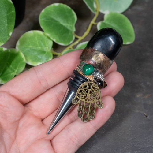 Black Onyx, Malachite, Smoky Quartz & Titanium Quartz Wine Stopper with Hamsa  #1
