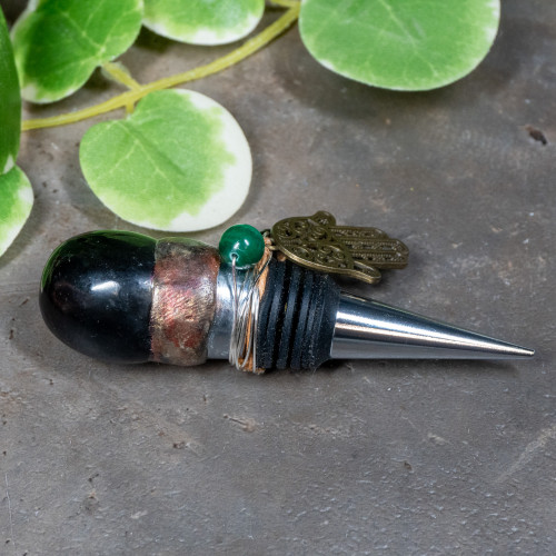 Black Onyx, Malachite, Smoky Quartz & Titanium Quartz Wine Stopper with Hamsa  #1