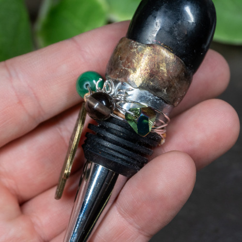 Black Onyx, Malachite, Smoky Quartz & Titanium Quartz Wine Stopper with Hamsa  #1
