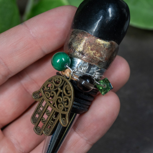Black Onyx, Malachite, Smoky Quartz & Titanium Quartz Wine Stopper with Hamsa  #1