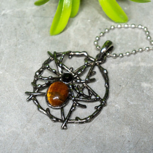 Tiger Eye and Obsidian Spider Web Necklace