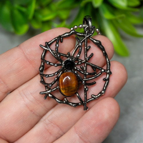 Tiger Eye and Obsidian Spider Web Necklace
