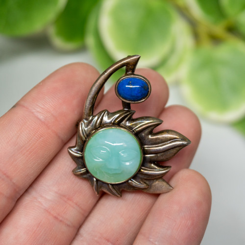 Lapis Lazuli and Green Aventurine Sun Face Necklace and Pin