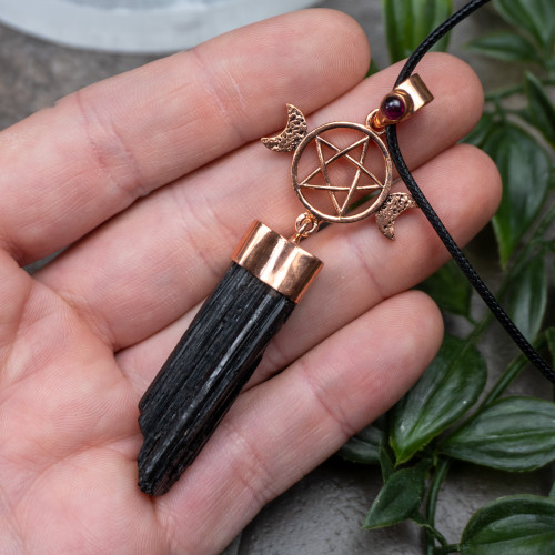 Black Tourmaline Raw With Pentagram Necklace #1