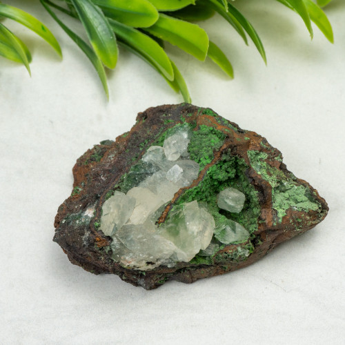 White Calcite with Conichalcite on Mottramite #1