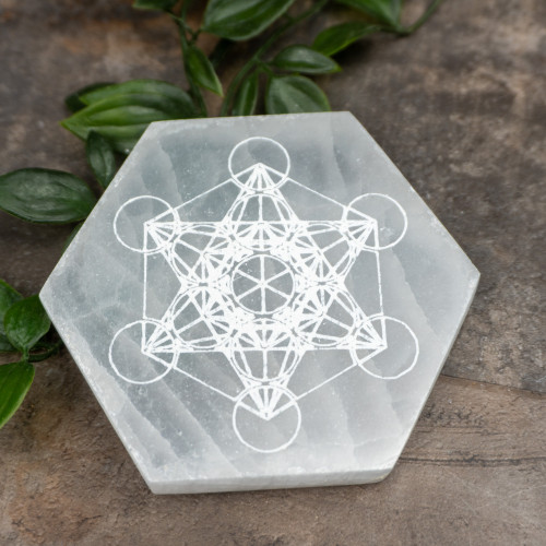 Selenite Hexagon Metatron's Cube Plate Random