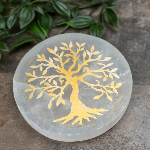 Selenite Gold Tree of Life Plate Random