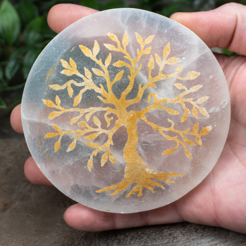 Selenite Gold Tree of Life Plate Random