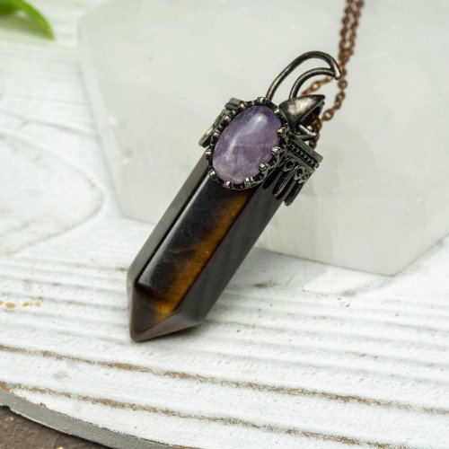 Tiger Eye and Amethyst Moon Necklace Random