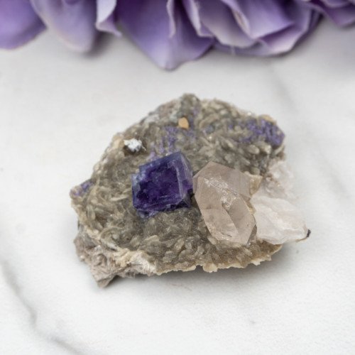 Purple Fluorite with Quartz on Mica #1