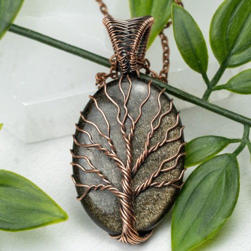 Golden Sheen Obsidian Tree of Life Necklace #1